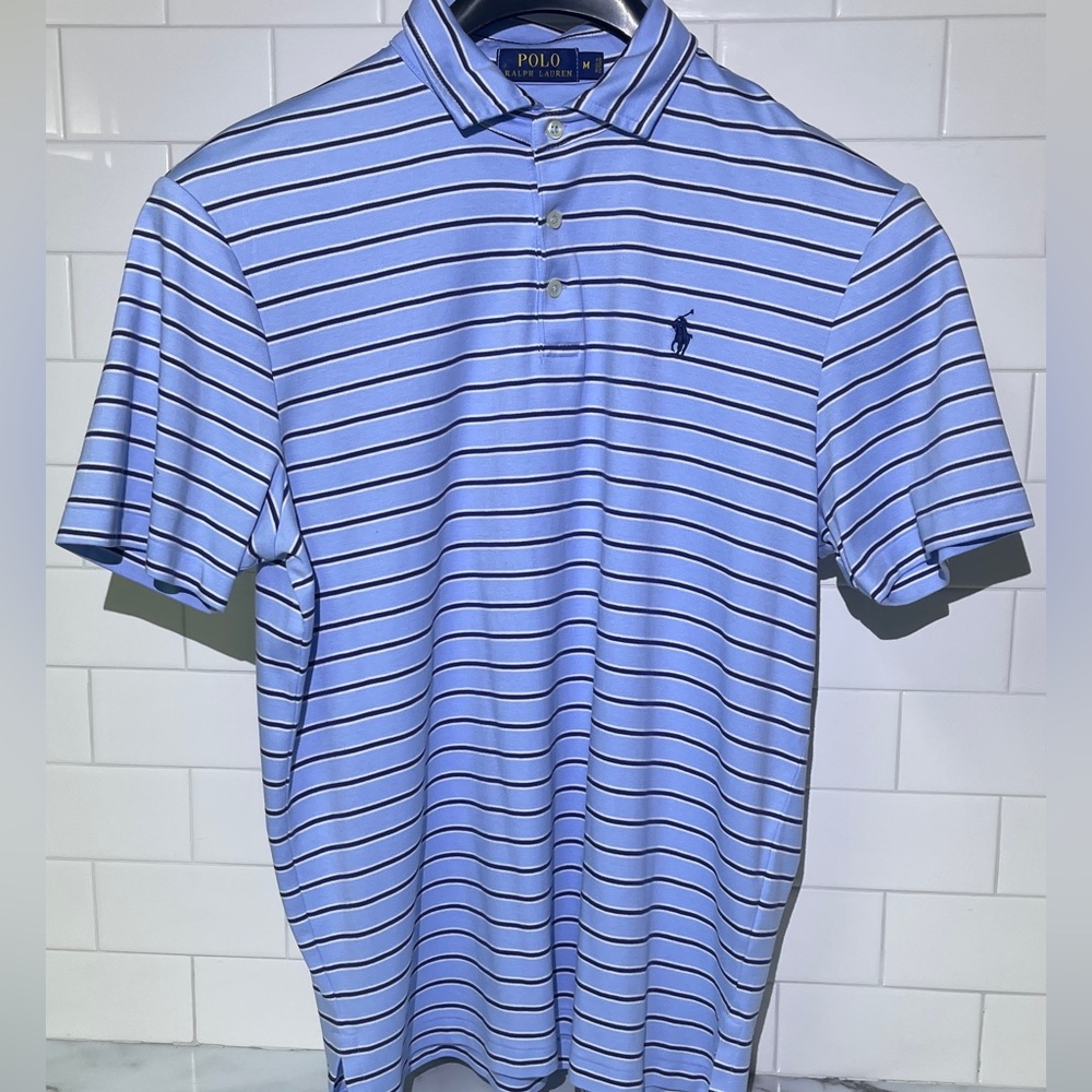 Mens Polo Ralph Lauren Blue Striped Polo Short Sleeve Shirt